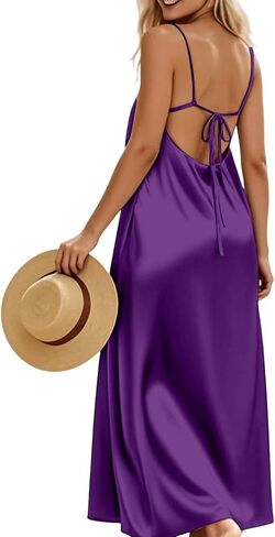 Beessbest Backless Cami Dresses for Women Tied Back Spaghetti Strap Dress Sleeveless Satin Dress Summer Vacation Dresses in Kuwait