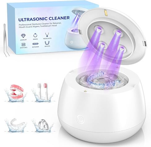 TQQ Ultrasonic Retainer Cleaner Machine - 48kHz Denture and Aligner Cleaning Pod for Mouth Guards Night Guards Dental Trays Braces Toothbrushes Jewelry with 200ML Capacity (White) in Kuwait