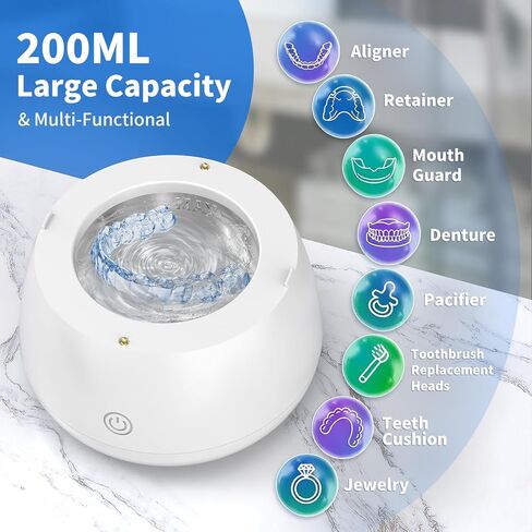 TQQ Ultrasonic Retainer Cleaner Machine - 48kHz Denture and Aligner Cleaning Pod for Mouth Guards Night Guards Dental Trays Braces Toothbrushes Jewelry with 200ML Capacity (White) in Kuwait