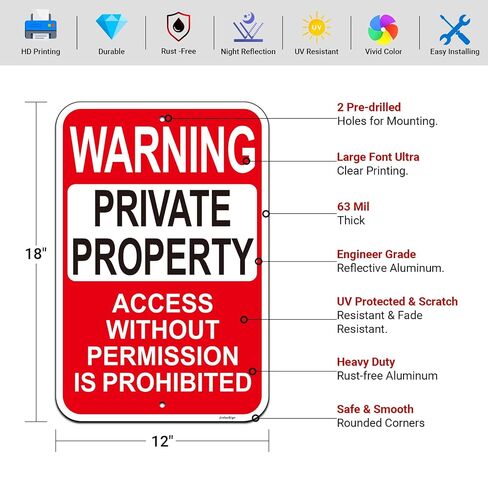 2 Pack Large Private Property Access Without Permission Prohibited Sign, 18"x12" Private Property Sign, Engineer Grade Reflective Aluminum, Fade/Weather Resistant, UV Protected, Easy to Install in Kuwait