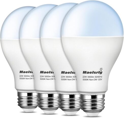 Maelsrlg 200 واط LED لمبة مكافئة، A21 22W 3000 Lumen LED لمبة الإضاءة، ضوء النهار 5000K، قاعدة متوسطة E26 غير قابلة للتعتيم 120 فولت عالية الإخراج 200 واط لمبات الإضاءة LED للمرآب والمتجر والمستودع، 4 عبوات in Kuwait