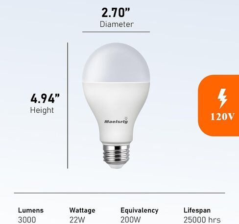 Maelsrlg 200 واط LED لمبة مكافئة، A21 22W 3000 Lumen LED لمبة الإضاءة، ضوء النهار 5000K، قاعدة متوسطة E26 غير قابلة للتعتيم 120 فولت عالية الإخراج 200 واط لمبات الإضاءة LED للمرآب والمتجر والمستودع، 4 عبوات in Kuwait