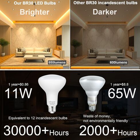 comzler 6 عبوات BR30 مصابيح إضاءة LED للفيضانات، 2700 كلفن أبيض دافئ، ما يعادل 65 وات، مصابيح إضاءة بقاعدة E26، قابلة للتعتيم 120VAC CRI85+ 850 لومن، لمبة إضاءة سقف داخلية للمطبخ وغرفة المعيشة in Kuwait
