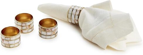 Two's Company Mother of Pearl Napkin Ring Holder in Gift Box, Set of 4, 1.5-inches Diameter, Brass in Kuwait
