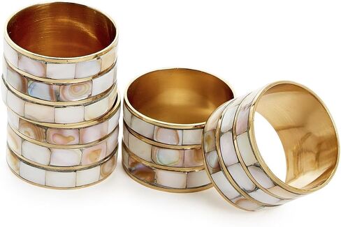 Two's Company Mother of Pearl Napkin Ring Holder in Gift Box, Set of 4, 1.5-inches Diameter, Brass in Kuwait