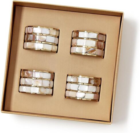 Two's Company Mother of Pearl Napkin Ring Holder in Gift Box, Set of 4, 1.5-inches Diameter, Brass in Kuwait