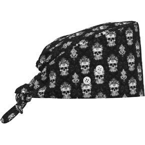 Ornate Baroque Skull Print Scrub Caps Women Men, Adjustable Nurse Cap Surgical Caps Scrub Hats for Women Men, Working Cap with Buttons for Hanging Face Masks Black in Kuwait