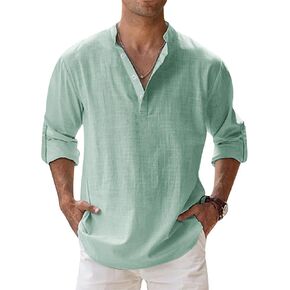 Mens Cotton Henley Shirts Basic Long Sleeve Shirt Button up Blouses 2026 Summer Casual Beach Yoga Tops in Kuwait