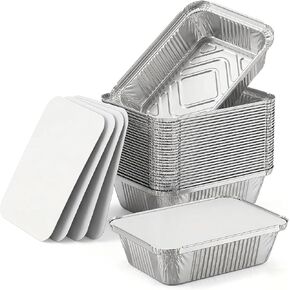 50 Pack Aluminum Pans with Cardboard Lids, 8.3"x6.2", 2.25 LB | Heavy duty disposable foil containers, trays for baking, meal prep, roasting, food storage in Kuwait