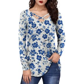 domirica Floral Long Sleeve Tops for Women Front Twist Knot Shirt Round Neck 2026 Casual Lightweight Breathable Blouses in Kuwait