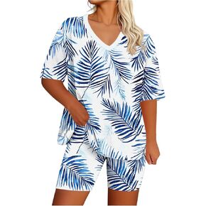 Women's Plus Size 2 Piece Outfits, V Neck Short Sleeve Tshirt Matching Shorts Sweatsuit Summer Lounge Sets in Kuwait