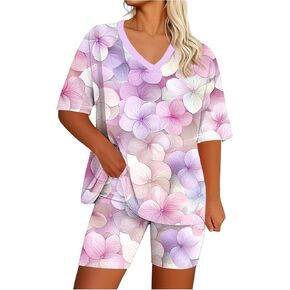 Women's Summer 2 Piece Outfits, Plus Size V Neck Short Sleeve Tshirt Matching Shorts Sweatsuit Lounge Sets in Kuwait