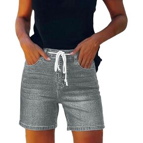 Jean Shorts for Women Drawstring High Waisted Pull On Denim Jorts Summer Elastic Waist Short Pants with Pockets in Kuwait