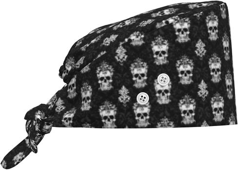 Ornate Baroque Skull Print Scrub Caps Women Men, Adjustable Nurse Cap Surgical Caps Scrub Hats for Women Men, Working Cap with Buttons for Hanging Face Masks Black in Kuwait