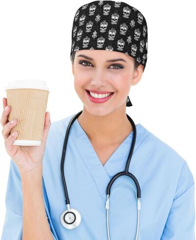 Ornate Baroque Skull Print Scrub Caps Women Men, Adjustable Nurse Cap Surgical Caps Scrub Hats for Women Men, Working Cap with Buttons for Hanging Face Masks Black in Kuwait