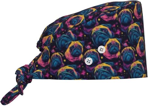 Cute Pug in Space Pattern Print Scrub Caps Women Men, Adjustable Nurse Cap Surgical Caps Scrub Hats for Women Men, Working Cap with Buttons for Hanging Face Masks Black in Kuwait