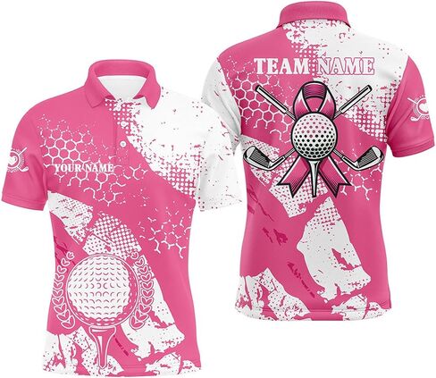 White & Pink Ribbon Retro Men's Golf Polo Shirt - Custom Breast Cancer Awareness Golf Attire Performance Golf Polo Shirt Personalized N8119 in Kuwait