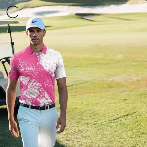 White & Pink Ribbon Retro Men's Golf Polo Shirt - Custom Breast Cancer Awareness Golf Attire Performance Golf Polo Shirt Personalized N8119 in Kuwait