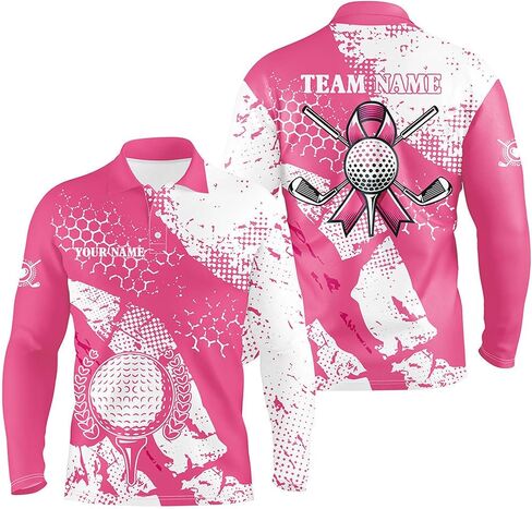 White & Pink Ribbon Retro Men's Golf Polo Shirt - Custom Breast Cancer Awareness Golf Attire Performance Golf Polo Shirt Personalized N8119 in Kuwait