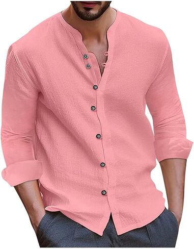 Long Sleeve Shirt Men Vintage Lightweight Plus Size Button Down Blouses Casual Workout Loose V-Neck Cotton Linen Tops in Kuwait