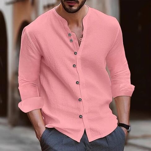 Long Sleeve Shirt Men Vintage Lightweight Plus Size Button Down Blouses Casual Workout Loose V-Neck Cotton Linen Tops in Kuwait