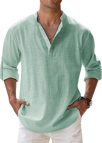 Mens Cotton Henley Shirts Basic Long Sleeve Shirt Button up Blouses 2026 Summer Casual Beach Yoga Tops in Kuwait