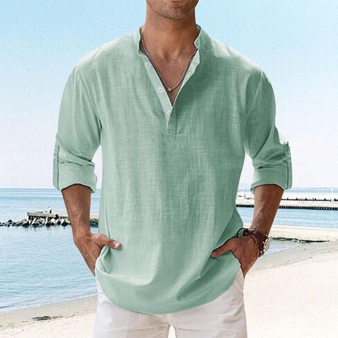 Mens Cotton Henley Shirts Basic Long Sleeve Shirt Button up Blouses 2026 Summer Casual Beach Yoga Tops in Kuwait