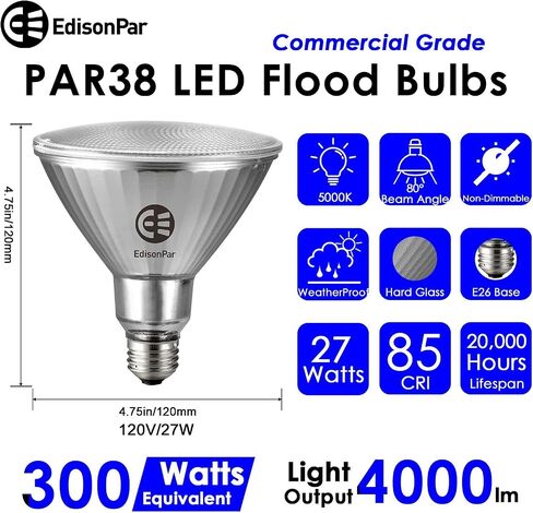 Full-Glass PAR38 LED Flood Light Bulbs Outdoor/Indoor Equivalent 300 Watt, 4000 Lumens Ultra Bright, Non-Dimmable Waterproof 5000K Daylight, 2-Pack in Kuwait