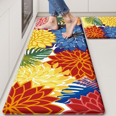 Arenarug Kitchen Mats for Floor 2PCS Cushioned Anti Fatigue Kitchen Mats Waterproof Non Slip Kitchen Mat Rug Set Comfort Foam Standing Mat for Sink, Laundry, Office,17.3" x 28" + 17.3" x 47", Colorful in Kuwait