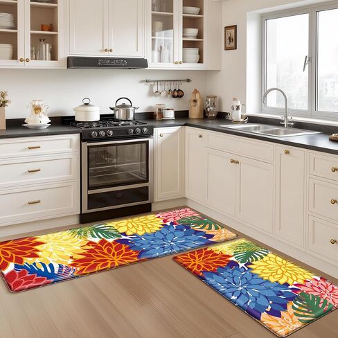 Arenarug Kitchen Mats for Floor 2PCS Cushioned Anti Fatigue Kitchen Mats Waterproof Non Slip Kitchen Mat Rug Set Comfort Foam Standing Mat for Sink, Laundry, Office,17.3" x 28" + 17.3" x 47", Colorful in Kuwait