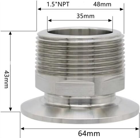 1/4 "3/8" 1/2 "3/4" 1 "-4" NPT ذكر × 0.5 "0.75" 1.5 "2" -4 "ثلاثي المشبك موصل وصلة أنابيب 304 316L الفولاذ المقاوم للصدأ (1.5-NPT-K64، SUS304) in Kuwait
