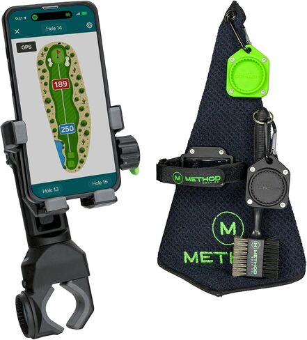 حزمة Method Golf PushStack Pro - حامل هاتف مغناطيسي لعربة دفع الجولف بالإضافة إلى حزام مغناطيسي محدد المدى، ومنشفة MagStack من الألياف الدقيقة وفرشاة النادي مع بلاط MagStack - مناسب عالمي لمعظم الهواتف in Kuwait