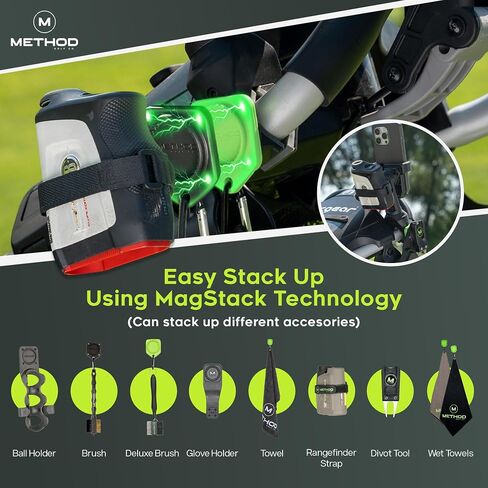 حزمة Method Golf PushStack Pro - حامل هاتف مغناطيسي لعربة دفع الجولف بالإضافة إلى حزام مغناطيسي محدد المدى، ومنشفة MagStack من الألياف الدقيقة وفرشاة النادي مع بلاط MagStack - مناسب عالمي لمعظم الهواتف in Kuwait
