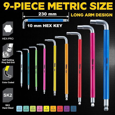 YOIbuy PRO Hex Key Wrench Set, 9-Piece Metric Allen Wrench Set, 1.5-10MM, SK2 Steel, Anti-Slip Ball End, Long Arm, Color-Coded, HEX-PRO Tech, for Mechanical Equipment, Vehicle, and Bicycle Repairs in Kuwait