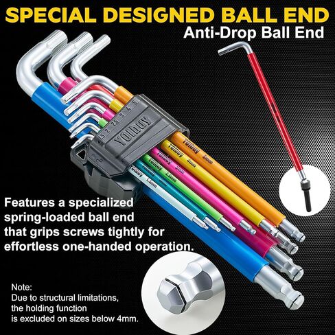 YOIbuy PRO Hex Key Wrench Set, 9-Piece Metric Allen Wrench Set, 1.5-10MM, SK2 Steel, Anti-Slip Ball End, Long Arm, Color-Coded, HEX-PRO Tech, for Mechanical Equipment, Vehicle, and Bicycle Repairs in Kuwait