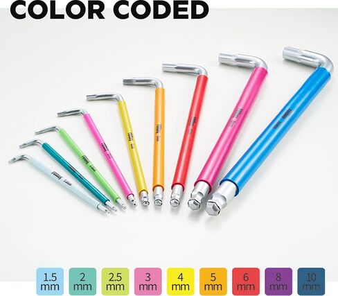YOIbuy PRO Hex Key Wrench Set, 9-Piece Metric Allen Wrench Set, 1.5-10MM, SK2 Steel, Anti-Slip Ball End, Long Arm, Color-Coded, HEX-PRO Tech, for Mechanical Equipment, Vehicle, and Bicycle Repairs in Kuwait