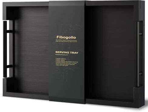صينية تقديم من الخيزران من Fibogollo بمقابض معدنية، طبق صواني مزخرفة عثمانية مقاس 15x10 بوصة لطاولة القهوة، وغرفة المعيشة، والبار، والحفلات، متوسطة (أسود) in Kuwait