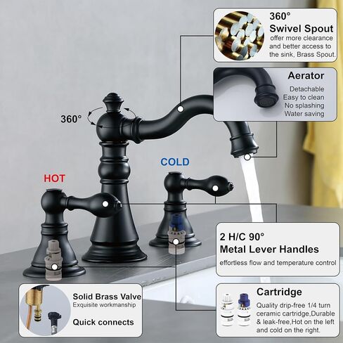 Two Handle Bathroom Sink Faucet Matte Black 3 Hole with Pop up Drain,High Arc Lavatory 8 Inch Widespread Bathroom Faucet,F-8805P-MT in Kuwait