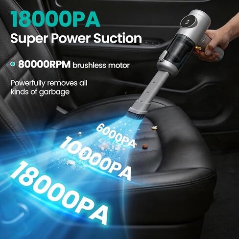 HELlME Cordless Car Vacuum Cleaner, 18000PA Strong Suction, Silvery, Large | 6000mAH Long Battery Life, HEPA Filter, 7in1 Cleaning Kit, Type-C Charging Handheld Vacuum Cleaner for Home, Office, Car in Kuwait