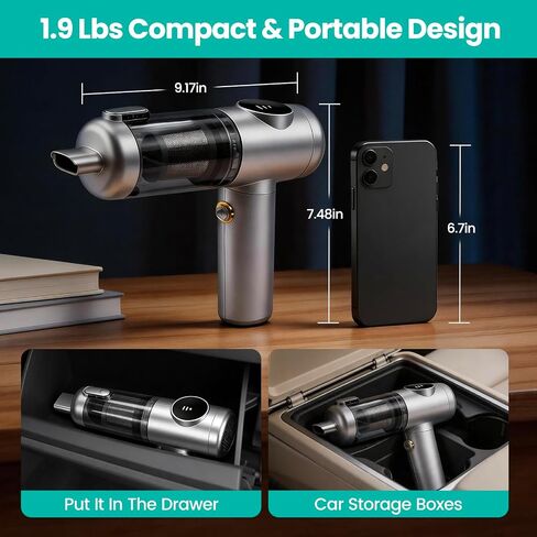 HELlME Cordless Car Vacuum Cleaner, 18000PA Strong Suction, Silvery, Large | 6000mAH Long Battery Life, HEPA Filter, 7in1 Cleaning Kit, Type-C Charging Handheld Vacuum Cleaner for Home, Office, Car in Kuwait