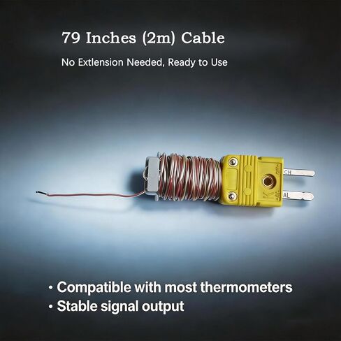 Type K Thermocouple Probe Teflon Wire 79in 2.19yd Temp -30°F to 500°F | Wire-Wound Standard K Type Connector, Accurate Temp Readings, Ready-to-Use for Kiln Furnace Lab Industrial Temp Monitoring in Saudi Arabia