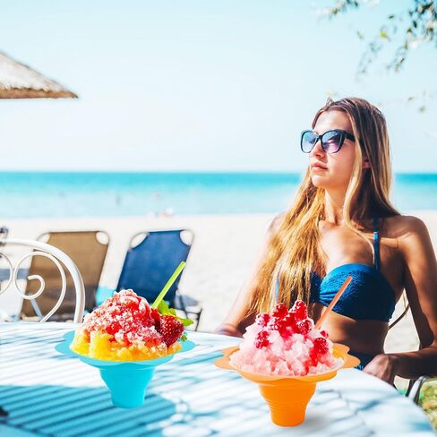 tiaiidi 200 جهاز كمبيوتر شخصى 8 أوقية ملونة على شكل زهرة أكواب مخروط الثلج مع القش ملعقة، أكواب بلاستيكية حلق الجليد بالتنقيط قابلة لإعادة الاستخدام البلاستيك وجبة خفيفة الآيس كريم الأطباق لحفل الصيف الطبخ خدمة الطعام in Kuwait