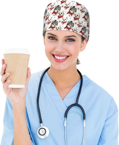 عيد الميلاد ثلجي الكلب لطيف طباعة فرك قبعات النساء الرجال، ممرضة قبعة الجراحية قبعات فرك القبعات للنساء الرجال، قابل للتعديل قبعة العمل مع العصابة السوداء in Kuwait