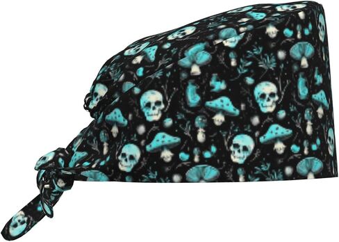 Cool Teal Skull Mushroom Print Scrub Caps Women Men, Nurse Cap Surgical Caps Scrub Hats for Women Men, Adjustable Working Cap with Sweatband in Kuwait