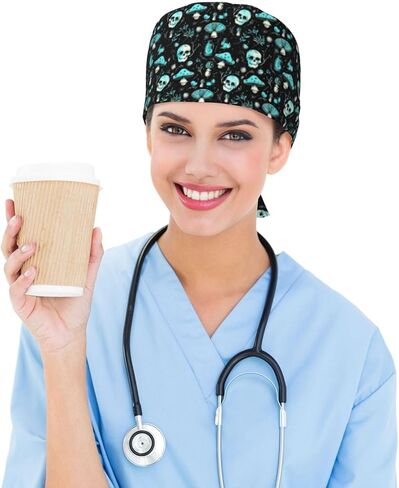 Cool Teal Skull Mushroom Print Scrub Caps Women Men, Nurse Cap Surgical Caps Scrub Hats for Women Men, Adjustable Working Cap with Sweatband in Kuwait