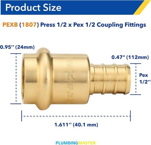 محول PEX 1/2 بوصة × 1/2 بوصة (10 عبوات)، تركيب نحاسي خالٍ من الرصاص متوافق مع أنابيب Viega ProPress & PEX-B، ضغط نحاسي إلى موصل تجعيد PEX، معتمد من NSF in Kuwait