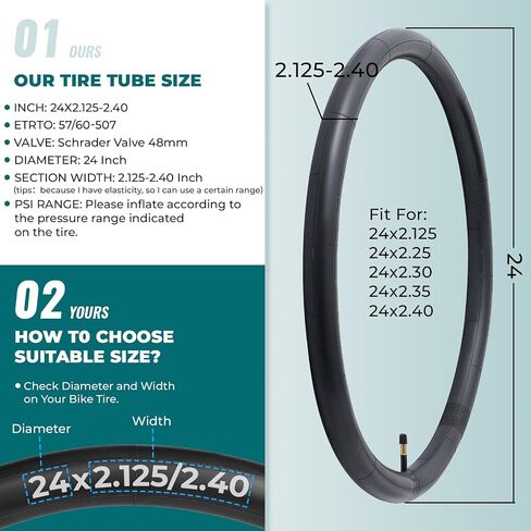 قطعتان، أنابيب دراجة ممتازة 24X2.125/2.20/2.25/2.30/2.35/2.40، متوافقة مع إطارات الدراجة 24x2.125 إلى 2.40، مع صمام شريدر 48 مم، مطاط البوتيل، تستخدم للدراجات الجبلية والطراد والمدينة والطرق in Kuwait