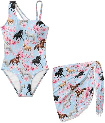Girls One Piece Swimsuit with Cover up Skirt 7-18, One Shoulder Bathing Suit Adjustable Straps Cutout Swimwear in Saudi Arabia