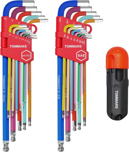 TOMMARS 26-PC Allen Wrench Set, Magnetic Ball End, T-Handle & Color Coded | Extra Long Arm, S2 Steel, SAE(0.05-3/8"), Metric(1.27mm-10mm), Hex Key Set in Kuwait