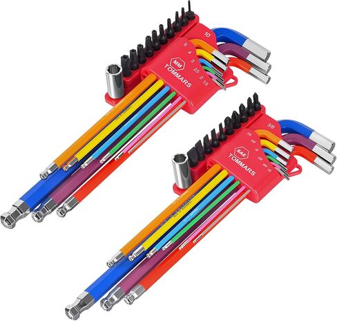 TOMMARS 26-PC Allen Wrench Set, Magnetic Ball End, T-Handle & Color Coded | Extra Long Arm, S2 Steel, SAE(0.05-3/8"), Metric(1.27mm-10mm), Hex Key Set in Kuwait